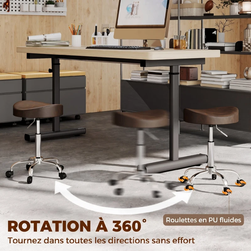 HOMCOM Tabouret à roulettes, tabouret de salon avec hauteur réglable 51-66 cm et assise rembourrée, pivotant 360°, marron