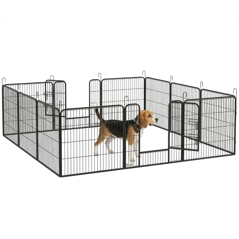 PawHut Țarc pentru câini, 12 panouri modulabile 80x1.5x80 cm, pliabil cu ușă din oțel, 12 țăruși, gri
