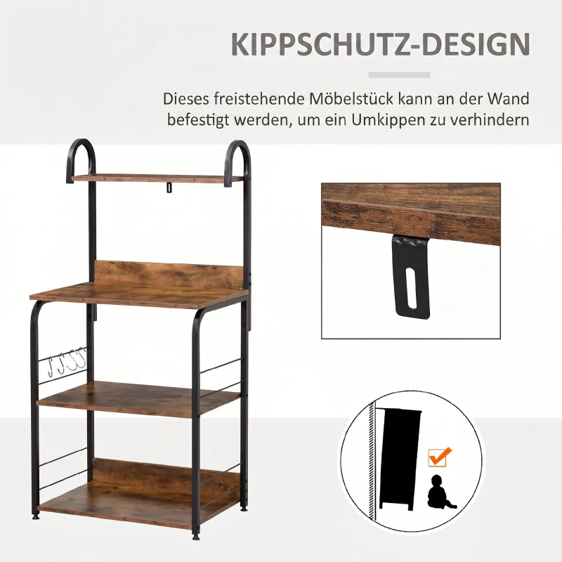 HOMCOM Küchenregal, Standregal mit 3 Ablagen, 4 Haken, Mikrowellenregal für Küche, Esszimmer, Rustikal-Braun, 60 x 40 x 125 cm
