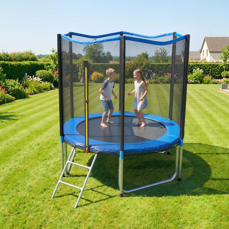 SPORTNOW Cama Elástica Exterior Ø244 cm Trampolín para Niños con Red de Seguridad Escalera y Acolchado de Muelles Azul