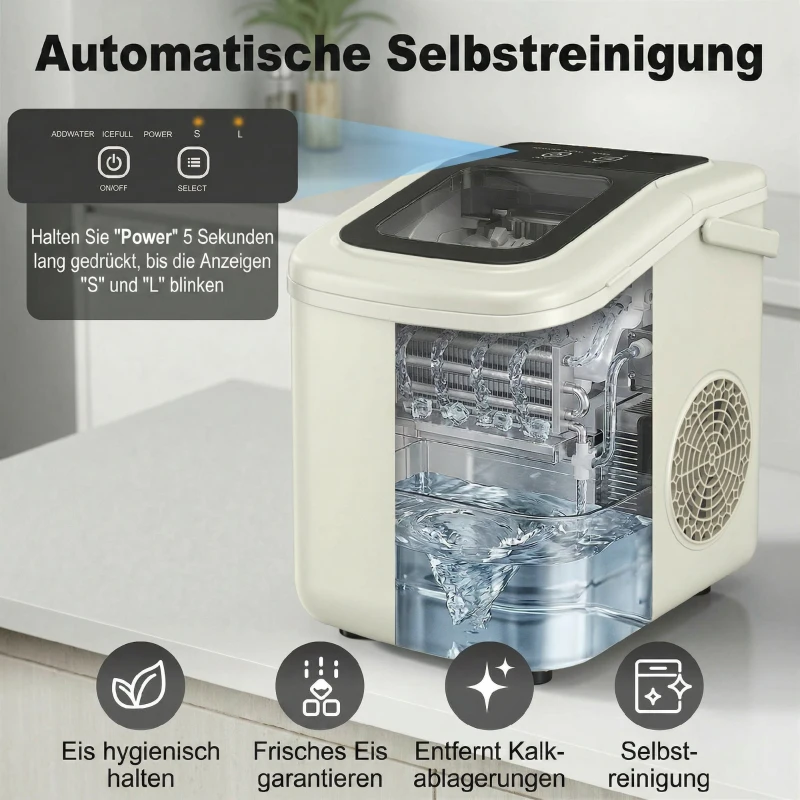 HOMCOM Tragbare Eiswürfelmaschine mit Selbstreinigung, Eisschaufel & Korb, 12 kg/24 Std., Beige