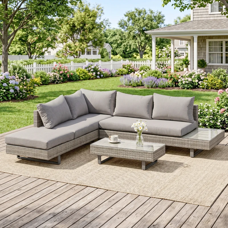 Outsunny Set Giardino Esterno, Salotto da Giardino, Set Divani da Esterno con Tavolino da Giardino, Mobili da Giardino in Rattan Grigio