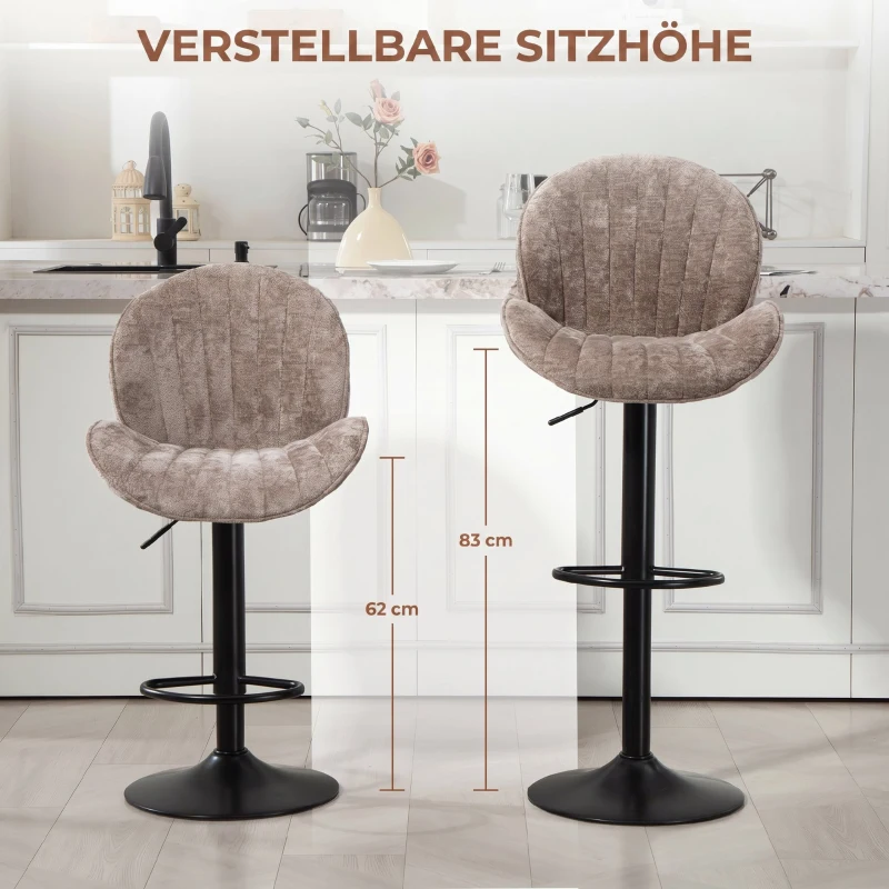 HOMCOM 2er-Set Barhocker, Stoffbezug, verstellbare Sitzhöhe, drehbar, Stahlrahmen, Braun