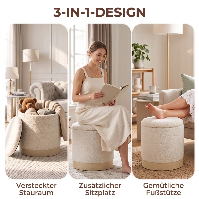 HOMCOM 38 cm Rundhocker mit Sherpa-Bezug, Aufbewahrung und Holzoptik-Metallfuß, Cremeweiß