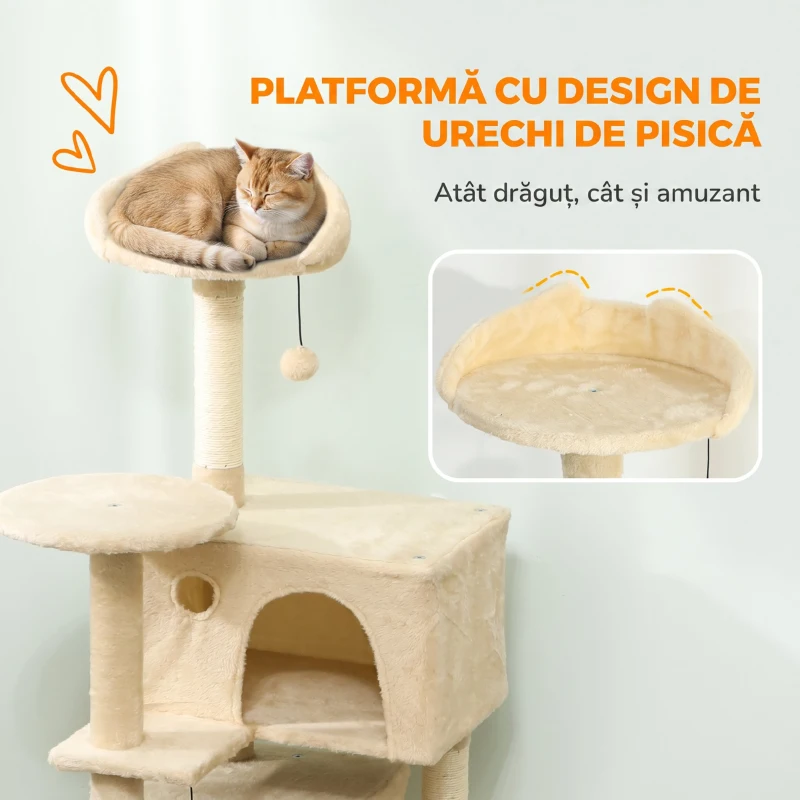 PawHut Ansamblu pentru Pisici, 140 Cm, cu 2 Căsuțe, Hamac, Culcuș și Stâlpi din Sisal, Bej