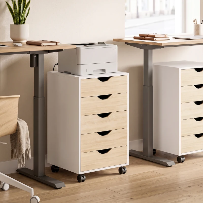 HOMCOM Büroschubladenkommode auf Rollen mit 5 Schubladen, mobiler Aktenschrank für Arbeitszimmer Wohnzimmer 40x40x67 cm Weiß und Natur