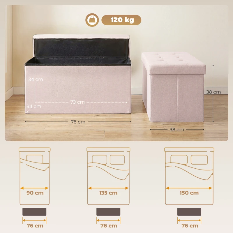 HOMCOM Puff Almacenaje, Banco Almacenaje Plegable 84 L 76x38x38 cm Tapizado en Lino Sintético Baúl de Almacenamiento Rosa