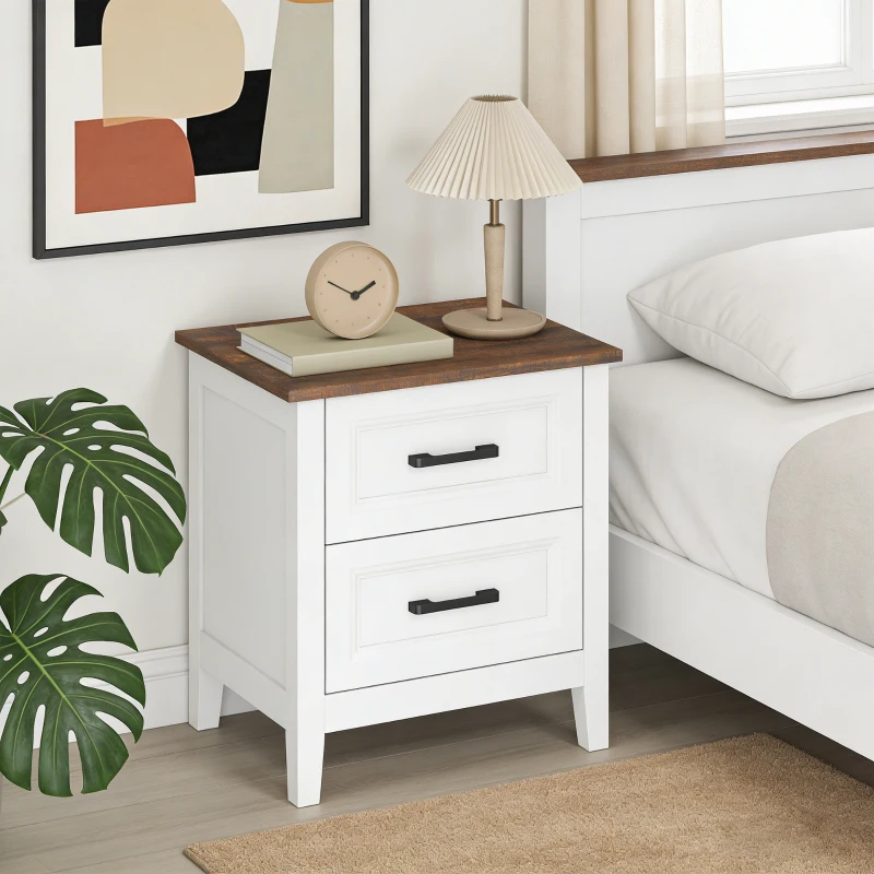 HOMCOM Mesa de Cabeceira Mesa de Cabeceira com 2 Gavetas Estilo Rústico 45x30x50 cm Branco