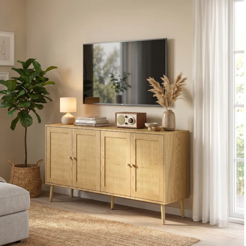 HOMCOM Rattan Sideboard mit 4 Türen, Boho Küchenbuffet mit 2 verstellbaren Einlegeböden, Holzoptik natur
