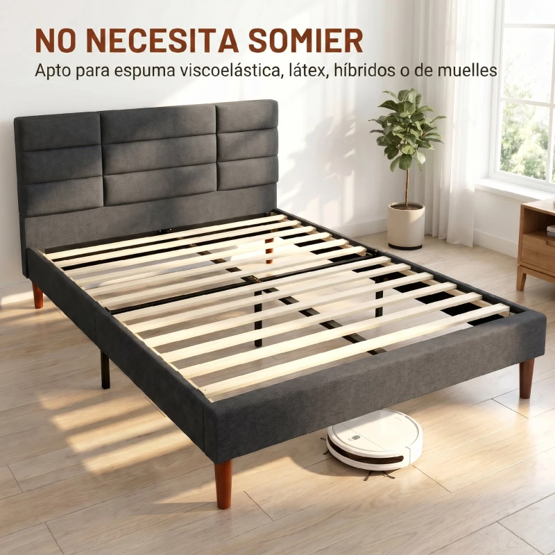 HOMCOM Cama Tapizada 140x200 cm con Cabecero Acolchado de Rejilla Almacenaje Inferior Láminas de Madera Gris