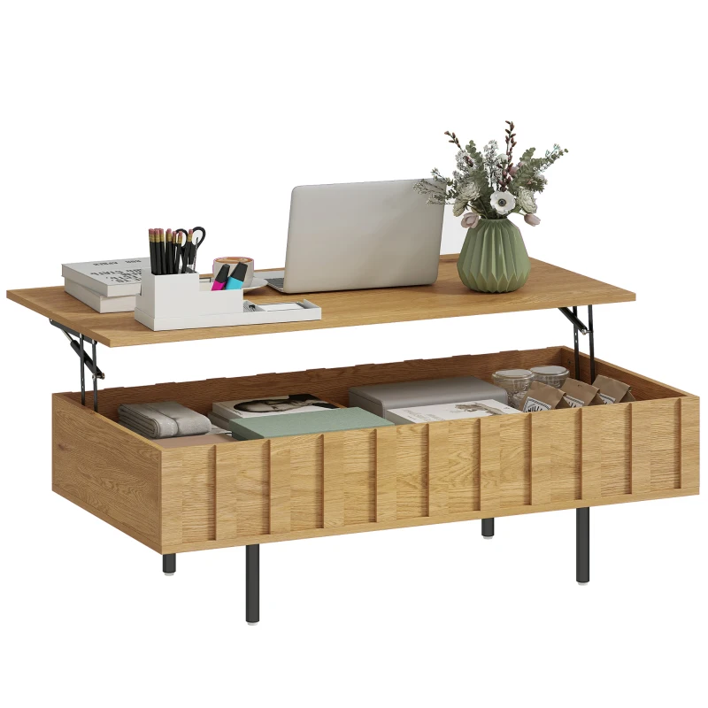 HOMCOM Mesa de Centro Elevable Mesa de Café para Salón con 2 Compartimentos Ocultos Patas de Metal 110x55x36,5 cm Roble