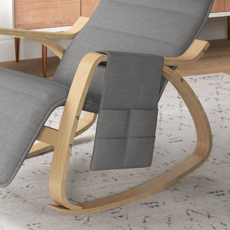 HOMCOM Silla Mecedora con Reposapiés Ajustable en 5 Posiciones Bolsillo Lateral Reposabrazos de Madera Reposacabezas Gris