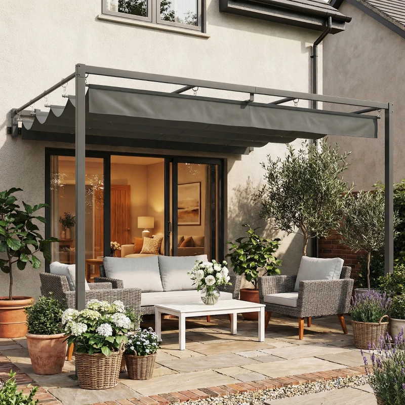 Outsunny Pérgola de Pared de Jardín 3x3 m con Techo Retráctil Protección UPF30+ Drenaje Cenador de Jardín para Exterior Gris