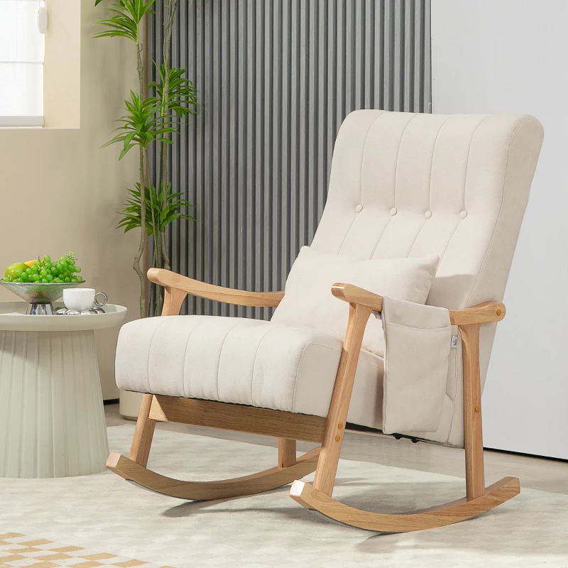 HOMCOM Schaukelstuhl mit Nierenkissen, breiter Sitz, Kautschukholzrahmen, bis 120 kg, Beige