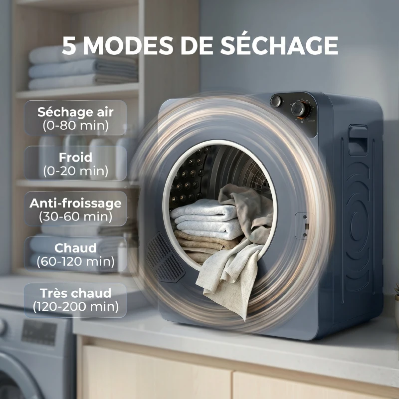 HOMCOM Sèche linge à évacuation compact, sèche-linge électrique 1000 W 3 Kg, 5 modes de séchage, cuve en acier inoxydable, bleu
