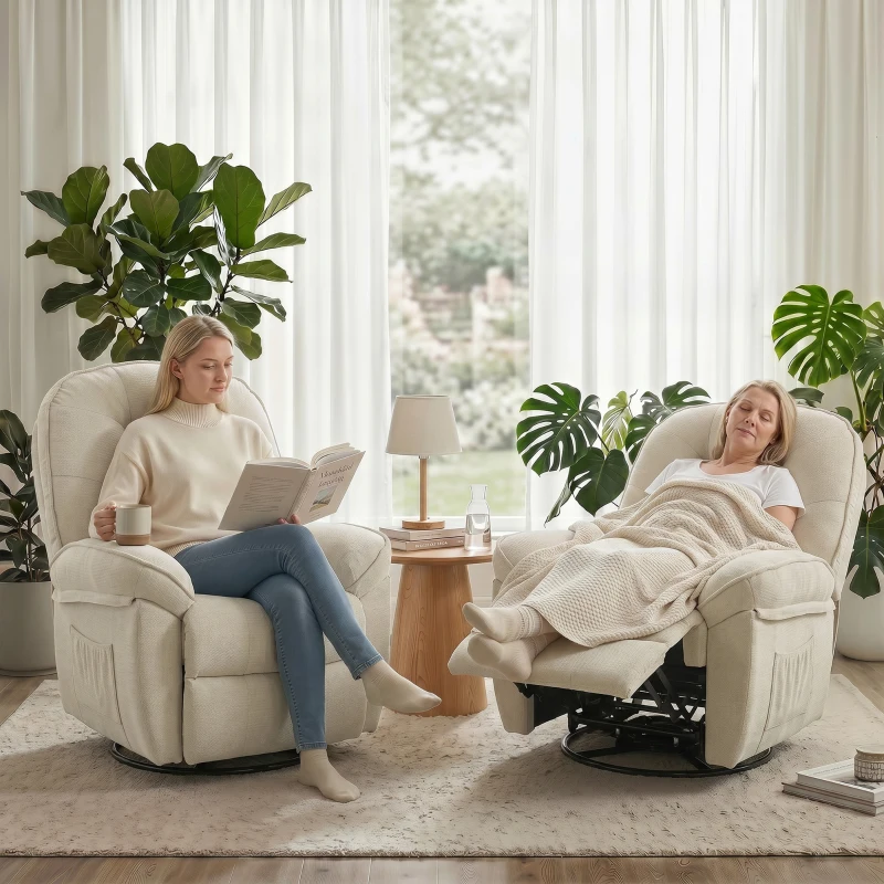 HOMCOM Chenille relaxfauteuil, handmatig verstelbaar, 360° draaibaar en schommelend, met brede zitting en hoge rugleuning, crèmewit