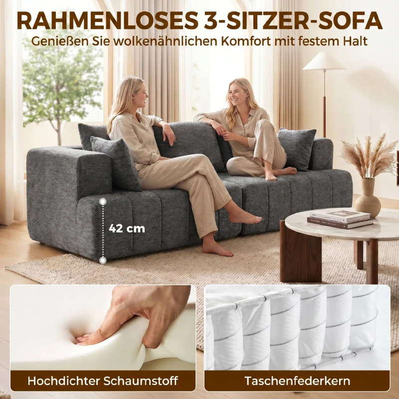 HOMCOM 3-Sitzer-Sofa, Cloud-Sofa aus Chenille mit dicker Federkernpolsterung, breiter und tiefer Sitzfläche, breiten Armlehnen, Kissen, grau