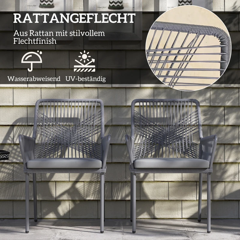 Outsunny Set van 2 tuinstoelen, terrasstoelen, wasbare kussens, rugleuning, armleuningen, staal, rattan, Donkergrijs