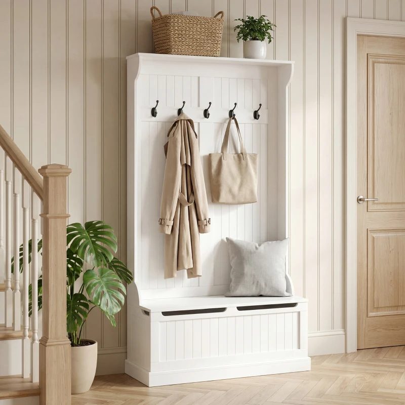 HOMCOM Cuier de Podea cu Bancă pentru Pantofi și 5 Cârlige, MDF, 96L x 34I x 179,7Î cm, Crem