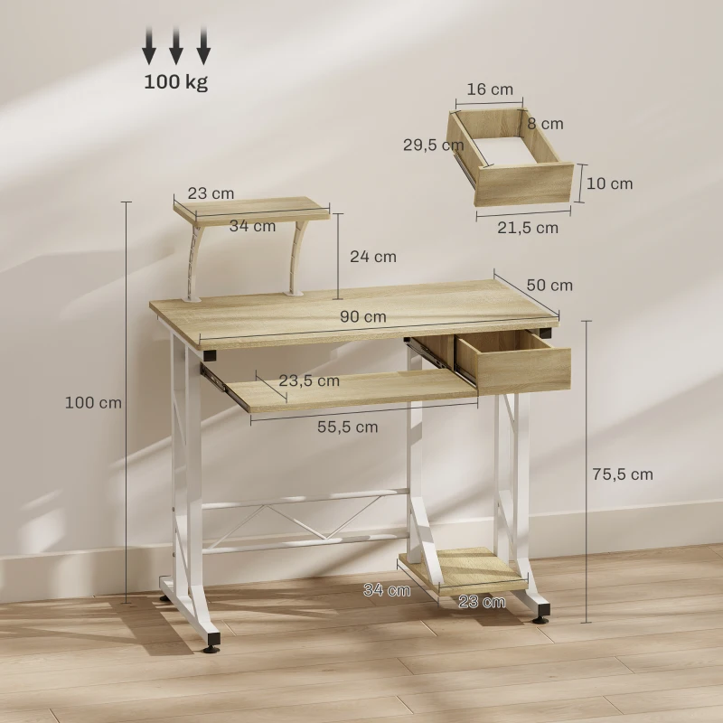 HOMCOM Mesa de Escritorio Mesa de Estudio con Bandeja de Teclado y Cajón Mesa de Ordenador para Despacho 90x50x100 cm Roble
