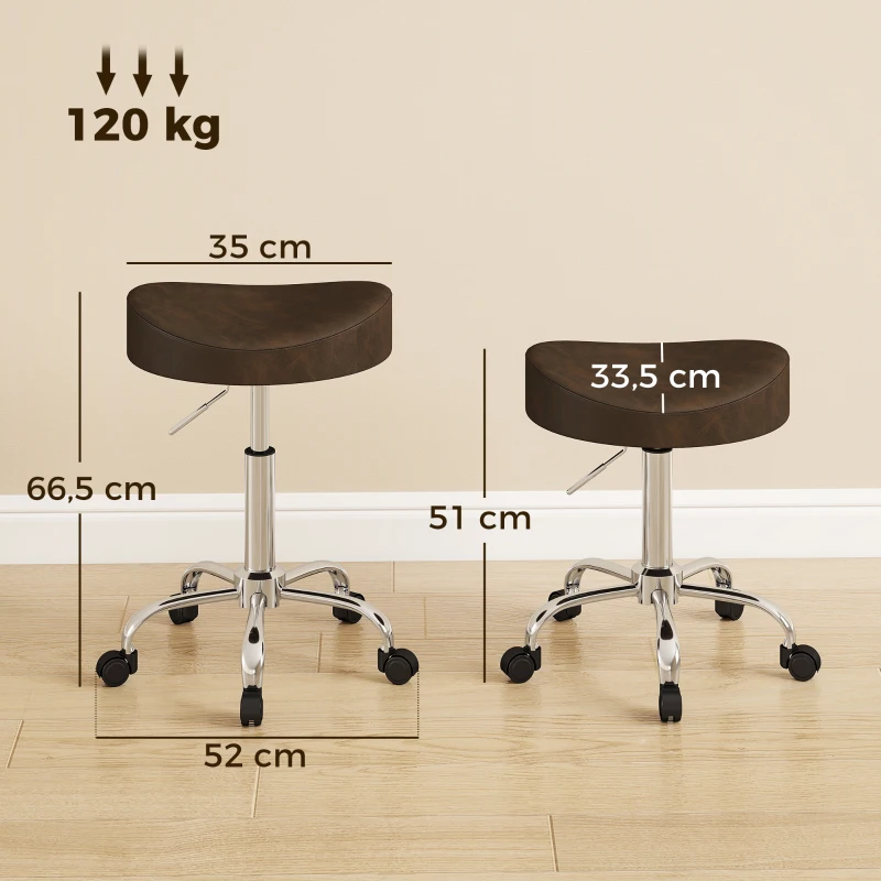 HOMCOM Tabouret à roulettes, tabouret de salon avec hauteur réglable 51-66 cm et assise rembourrée, pivotant 360°, marron