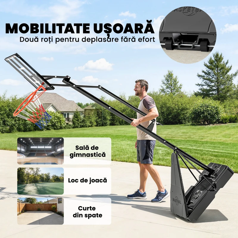 SPORTNOW Coș de Baschet Portabil pentru Exterior, Reglabil 2,45-3,05 m, Panou Rezistent la Șocuri, Reglare cu Manivelă
