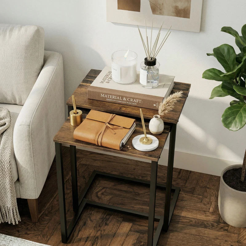 HOMCOM Conjunto de 3 Mesas Auxiliares em Forma de C com Pés de Aço 45x30x60cm 40x28x56cm e 34x25x50cm Marrom Rústico