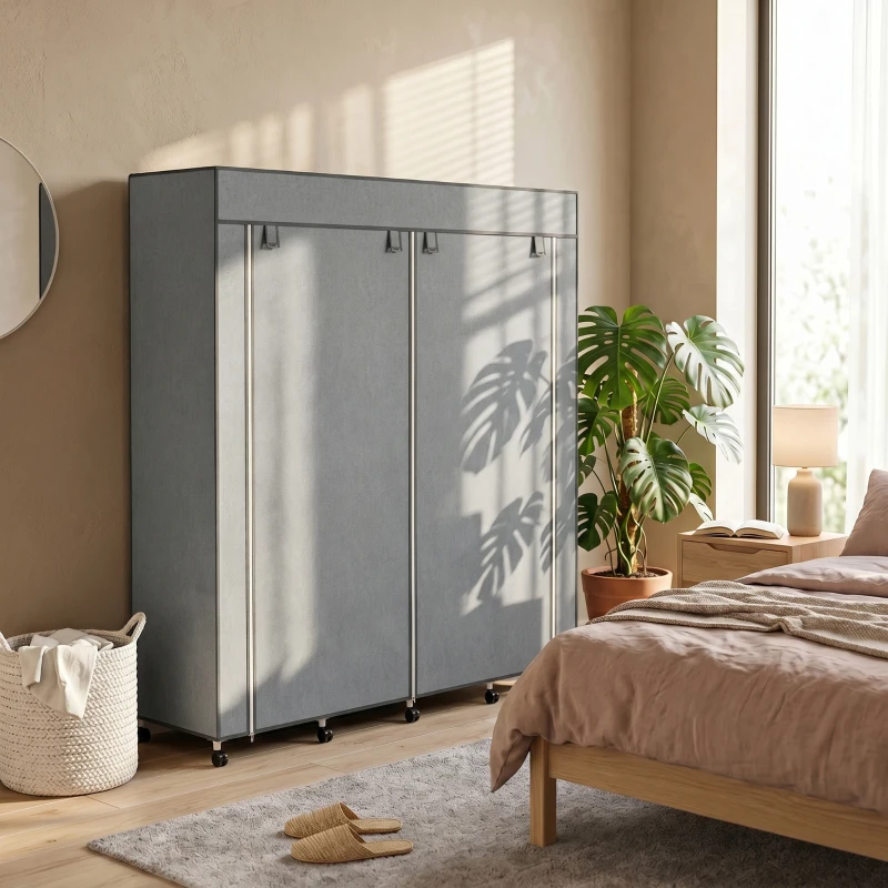 HOMCOM Kleiderschrank Stoffschrank, Türen, 2 Kleiderstangen, 10 Fächer, Grau