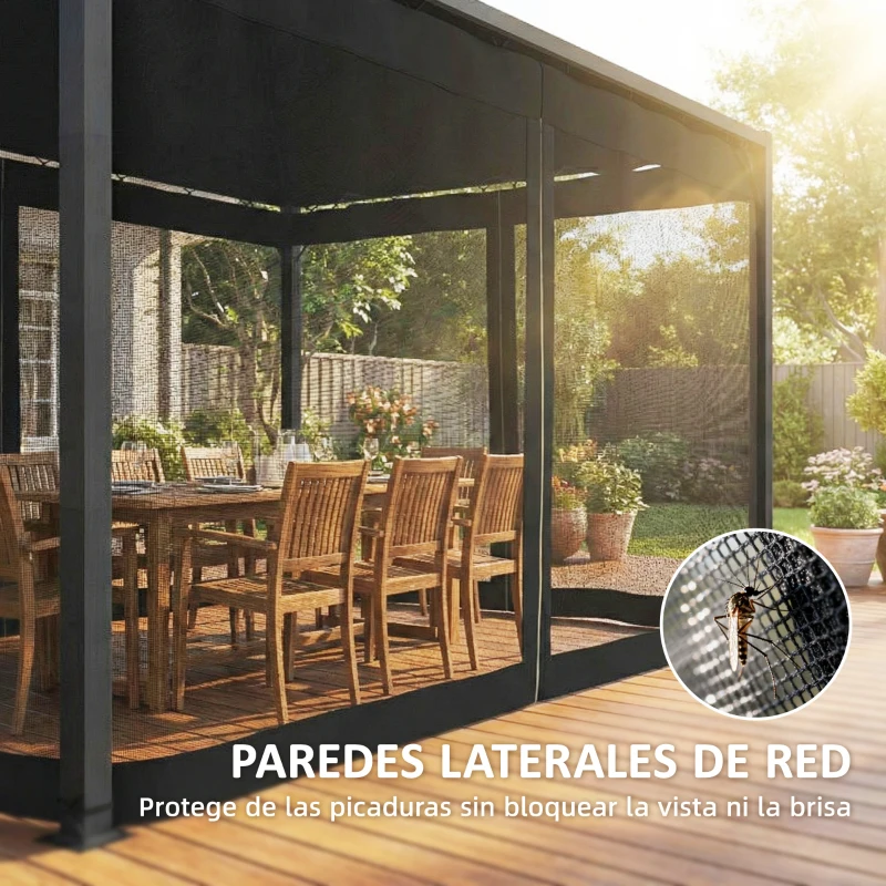 Outsunny Pérgola de Jardín 3x4 m con Techo Retráctil 4 Laterales de Malla UPF30+ Cenador de Jardín para Patio Exterior Gris