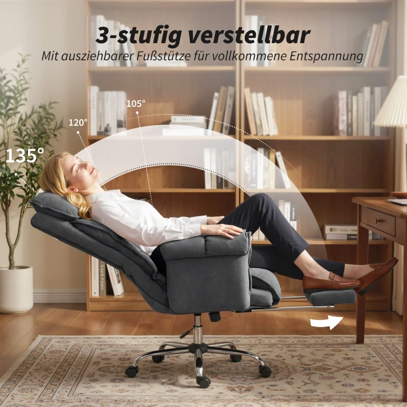 HOMCOM Bürostuhl Höhenverstellbarer Drehstuhl mit Lendenwirbelstütze, Fußstütze, Schneeflanell, 80 x 80 x 106-114 cm Dunkelgrau