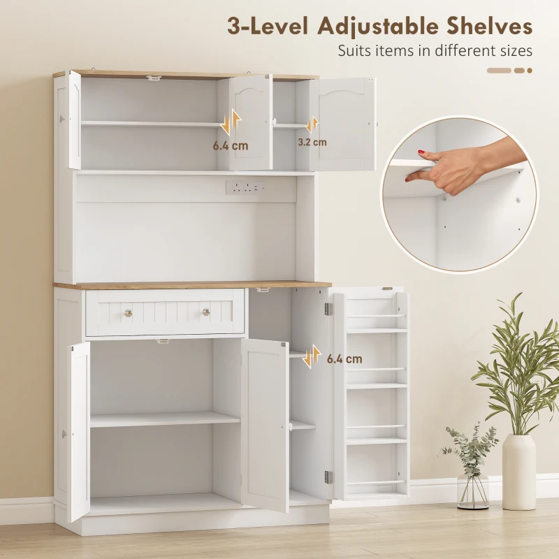 HOMCOM 173 cm Pantry Storage Cabinet with Charging Station, Tall Kitchen Cupboard with Adjustable Shelves and Racks, White