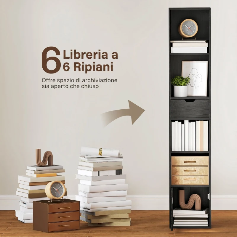 HOMCOM Scaffale Libreria a 4 Ripiani Aperti con Armadietto e Cassetto, 30x24x158 cm, Nero