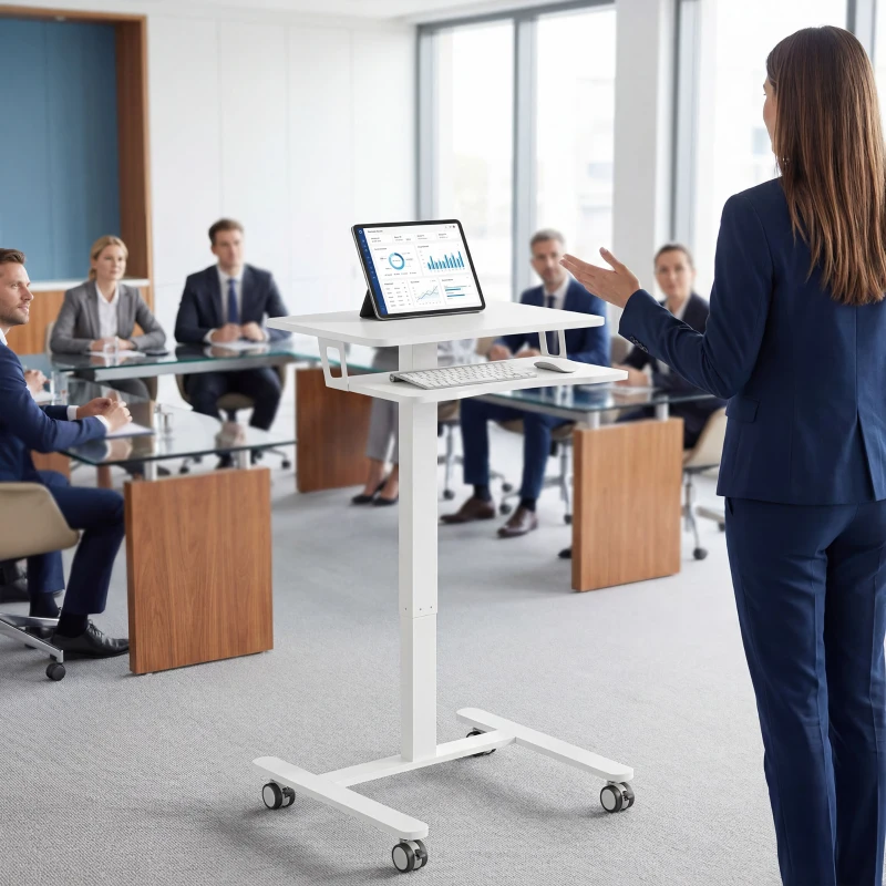 HOMCOM Höhenverstellbarer Stehschreibtisch, Rollbarer Sit-Stand-Schreibtisch mit Tastaturablage, Rollen und Stahlrahmen, Weiß