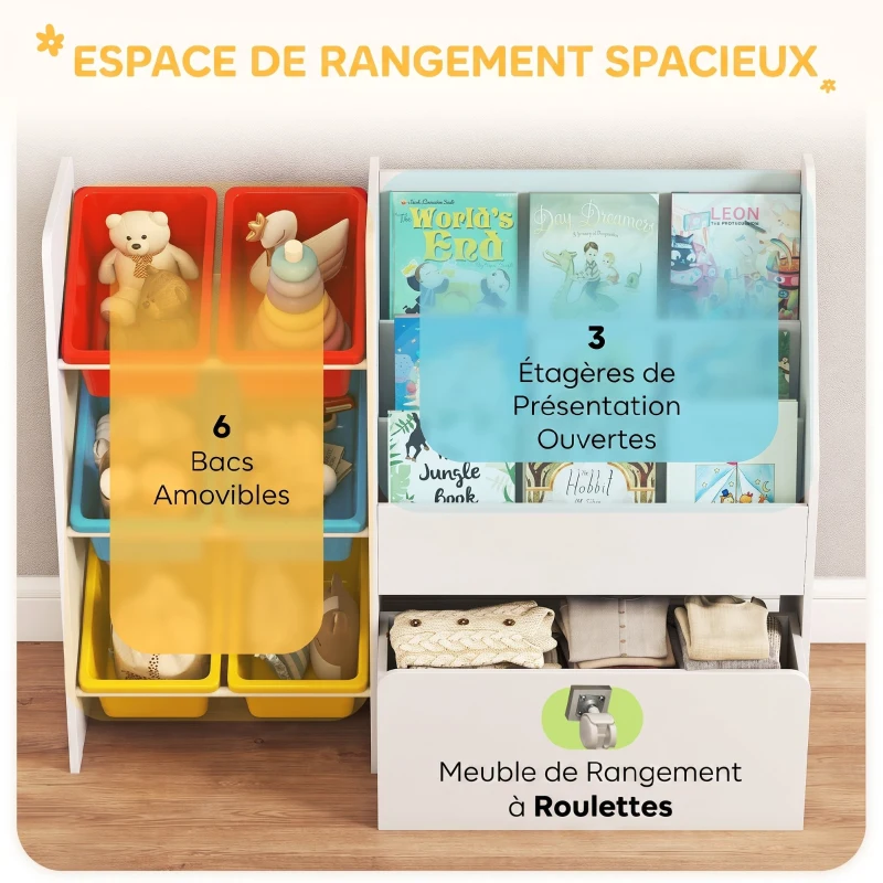 AIYAPLAY Meuble rangement enfant rangement jouets enfant 6 bacs amovibles et grand coffre à roulettes 100x30x80cm multicolore