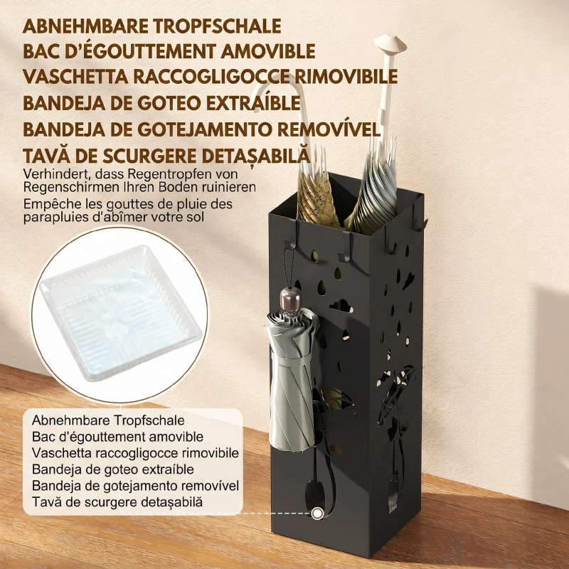HOMCOM Suport de Umbrele Pătrat din Metal pentru Intrare, Suport Autoportant cu Tavă Detașabilă și 4 Cârlige, pentru Interior și Exterior, 15.5x15.5x49 cm, Negru