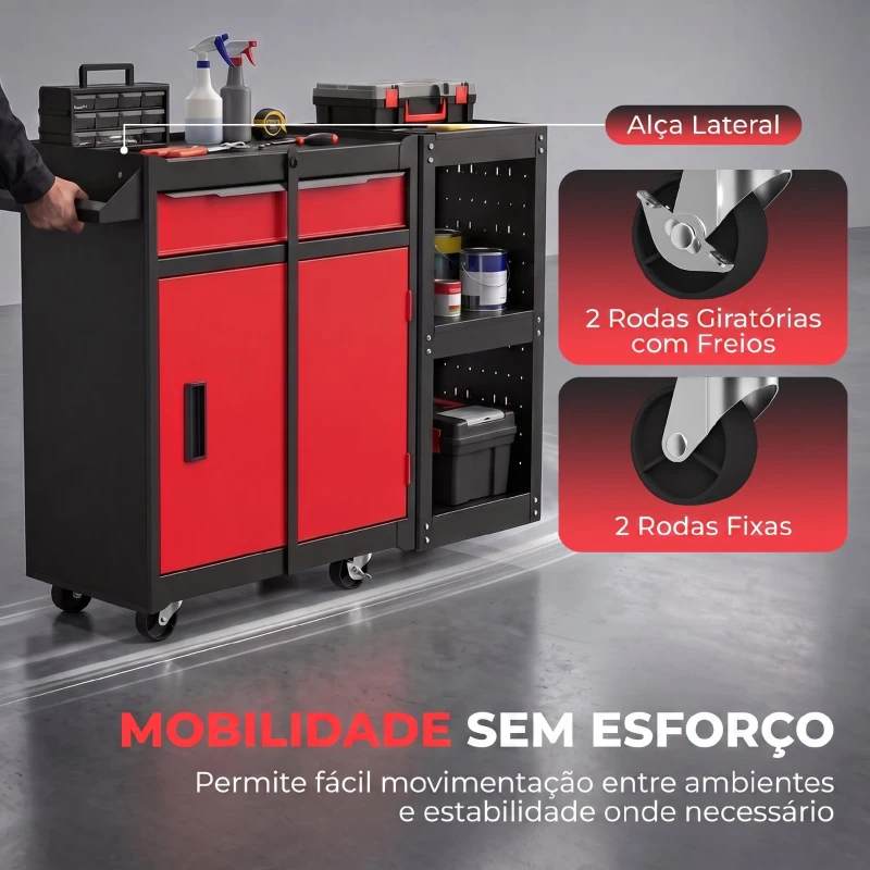 HOMCOM Carro de Ferramentas 3 em 1 com Rodas, 5 Gavetas, Armário Inferior, Painéis Perfurados e Fecho, Preto e Vermelho