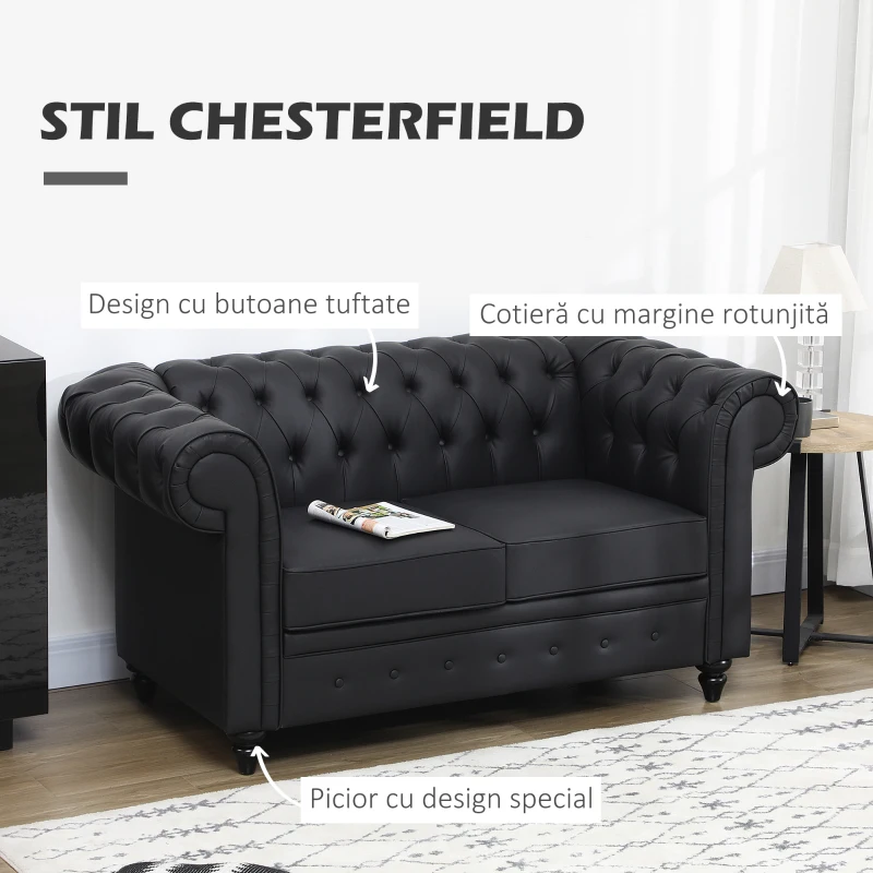 HOMCOM Canapea cu 2 Locuri Stil Chesterfield, PU, Lemn Masiv, 160 x 84 x 80 cm, Negru(m-15)