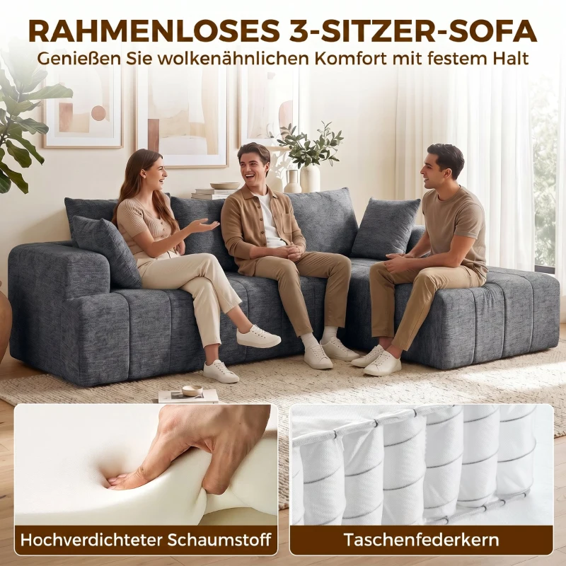 HOMCOM 3-Sitzer Ecksofa in L-Form mit Ottomane, wandelbares Chenille-Cloud-Schlafsofa mit Federkernpolsterung, Grau