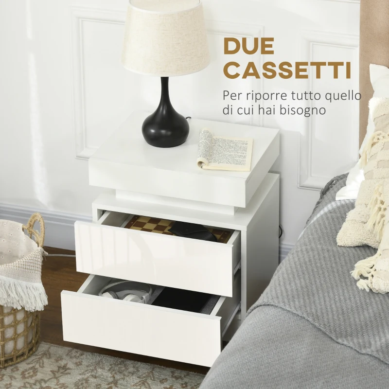 HOMCOM Comodino LED RGB con 2 cassetti, 4 Modalità di luce e 16 colori, in Legno, 45x35x52 cm, Bianco