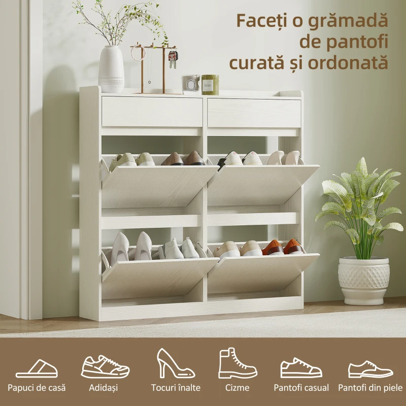 HOMCOM Dulap de Pantofi Slim din Lemn cu 4 Sertare Rabatabile și 2 Sertare Glisante, 98x19,2x95,3 cm, Alb