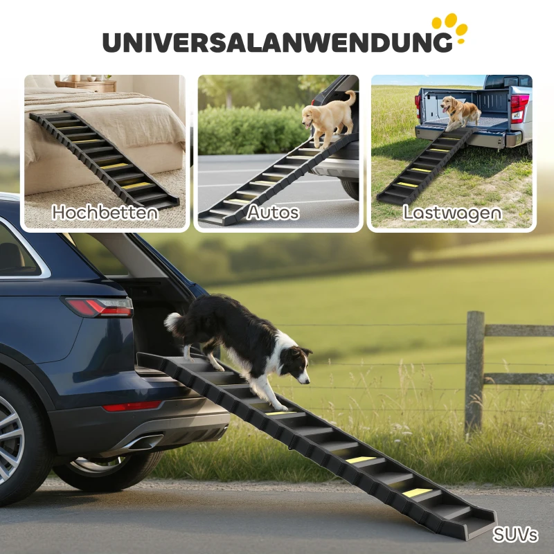 PawHut Hunderampe klappbar Hundetreppe Auto & SUV rutschfest Hundeautorampe für Große Tiere bis 25 kg 154x40cm Schwarz