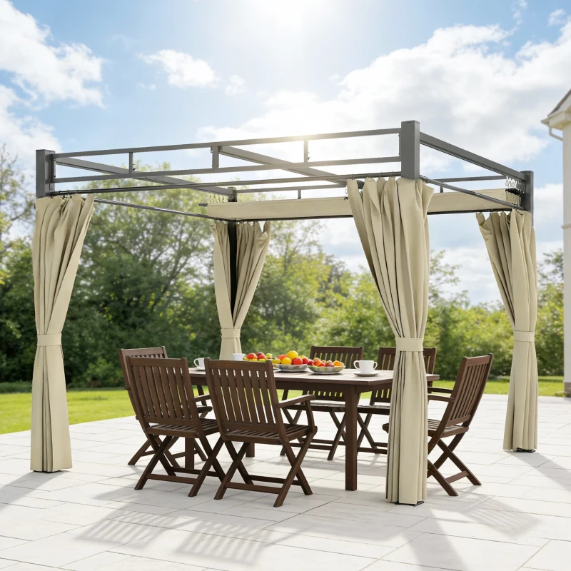 Outsunny Pérgola de Jardín 3x3 m con Techo Retráctil y Cortinas Protección UV30+ Estructura Metálica para Patio Terraza Beige