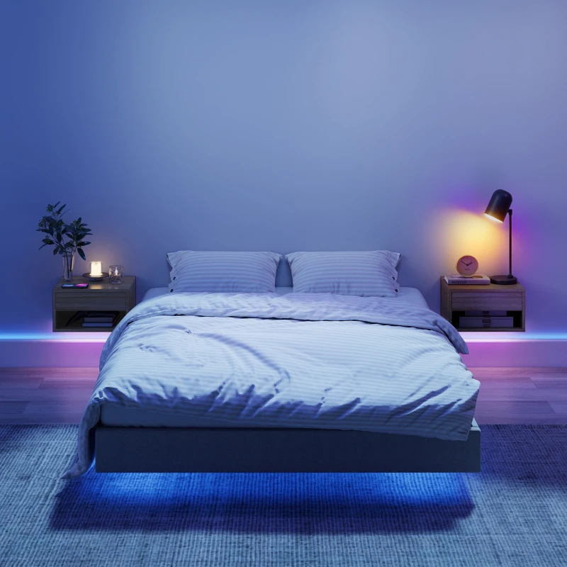 HOMCOM Set 2 Comodini Sospesi con LED RGB Integrati e Regolabili con APP, Cassetto e Ripiano, 37x32x21 cm, Color Legno