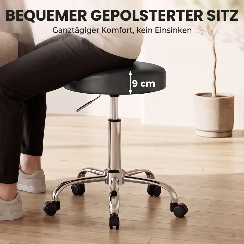 HOMCOM Rollhocker aus PU-Leder, höhenverstellbarer Salonhocker mit gepolsterter Sitzfläche, drehbarer Beautyhocker auf Rollen