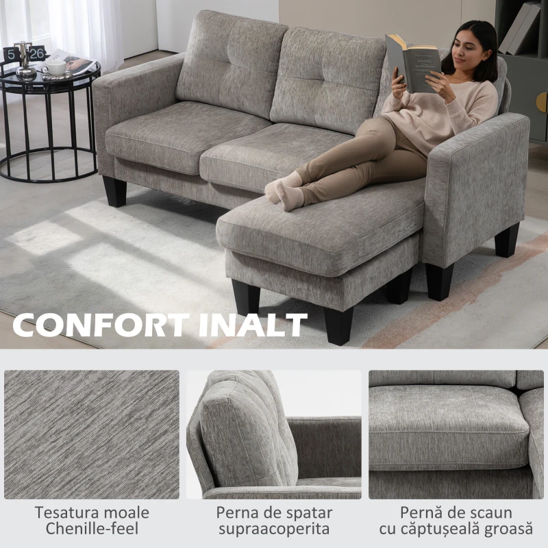 HOMCOM Canapea de colț 3 locuri cu perne pentru șezut și spătar, din material textil cu efect de catifea, 186x130x84 cm, taupe(m-4)