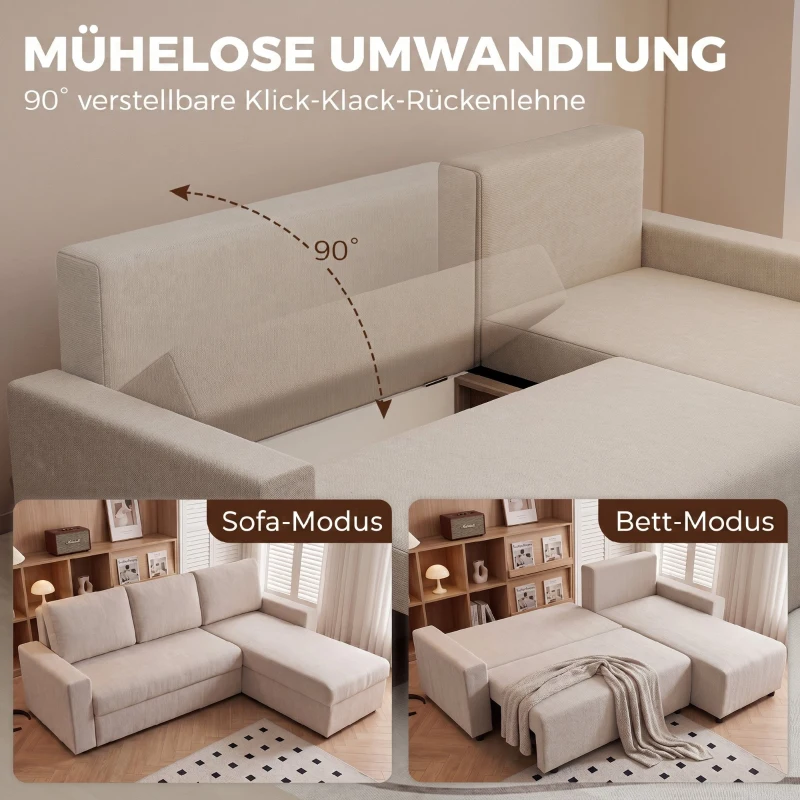 HOMCOM Ecksofa mit Schlaffunktion und umkehrbarer Chaiselongue, L-förmiges 3-Sitzer Sofa aus Veloursbezug, Beige