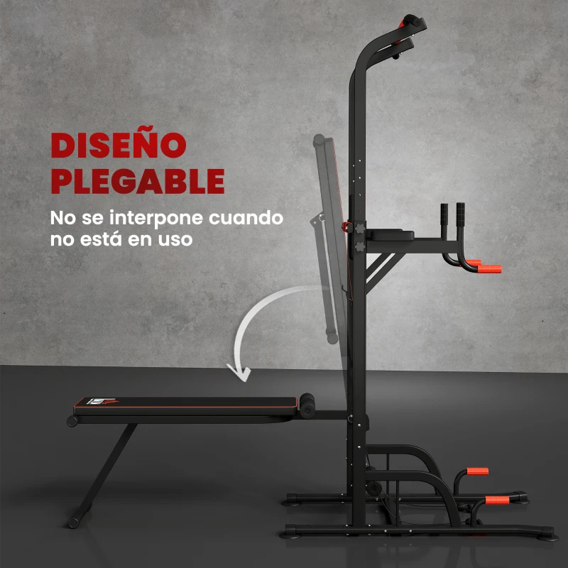 HOMCOM Barra de Dominadas Torre Entrenamiento Energía Power Tower Estación Pull Up Multifuncional Altura Ajustable 181-229 cm con Banco Plegable para Fitness Negro