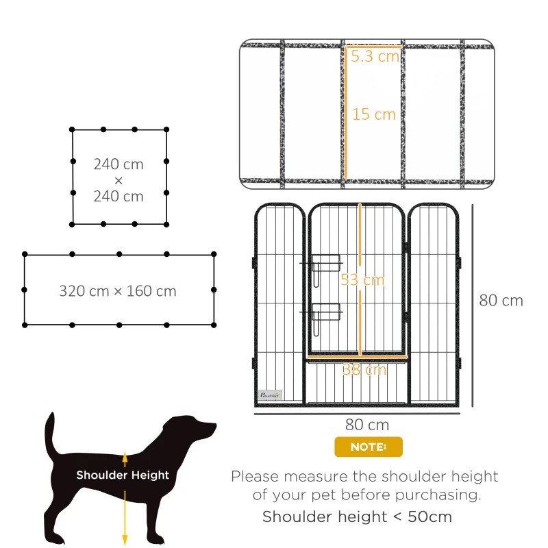 PawHut Țarc pentru câini, 12 panouri modulabile 80x1.5x80 cm, pliabil cu ușă din oțel, 12 țăruși, gri
