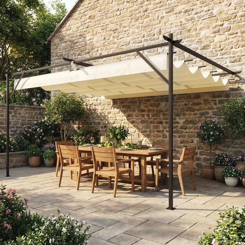 Outsunny Pérgola de Pared de Jardín 4x3 m con Techo Retráctil Protección UPF30+ Drenaje Cenador de Jardín para Exterior Crema