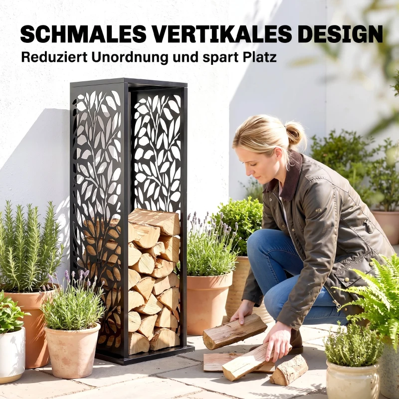 Outsunny aminholzregal 38 x 38 x 112cm erhöhtes Brennholzregal mit 4 Haken Dekorative Aussparungen bis 100 kg Stahl